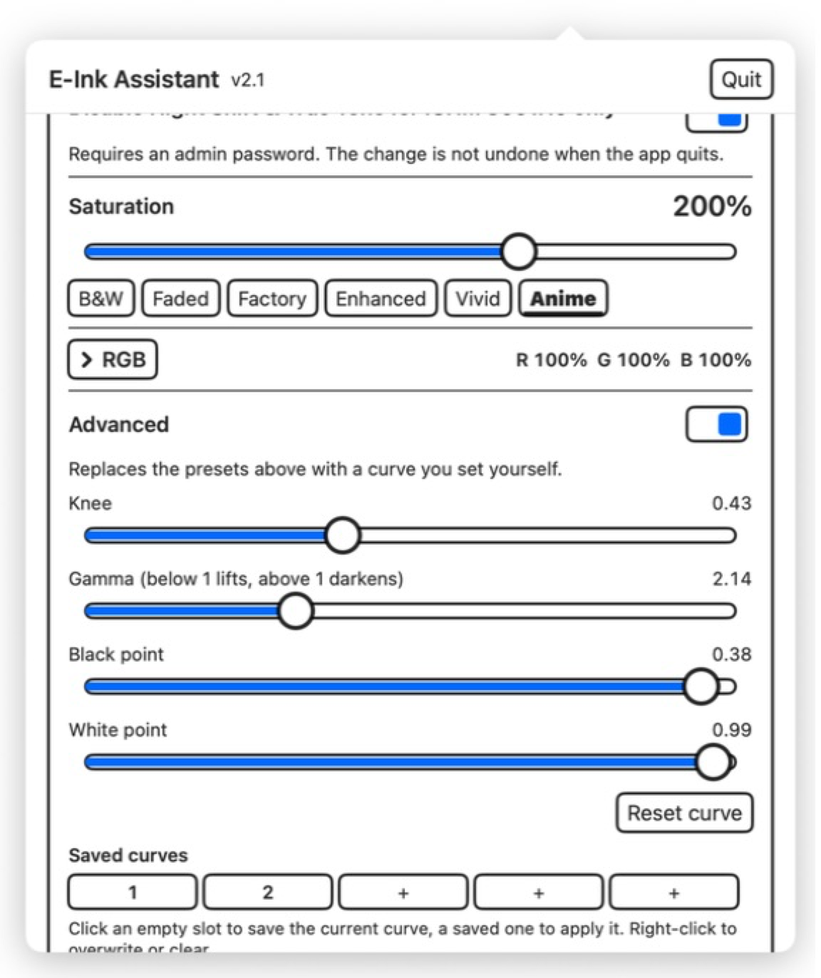 E-Ink Assistant advanced tone curve controls in English