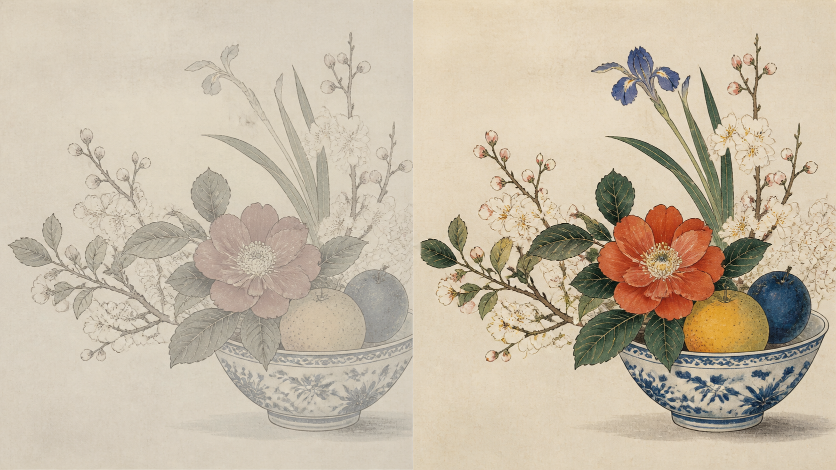 Illustrative before and after color e-ink botanical still life