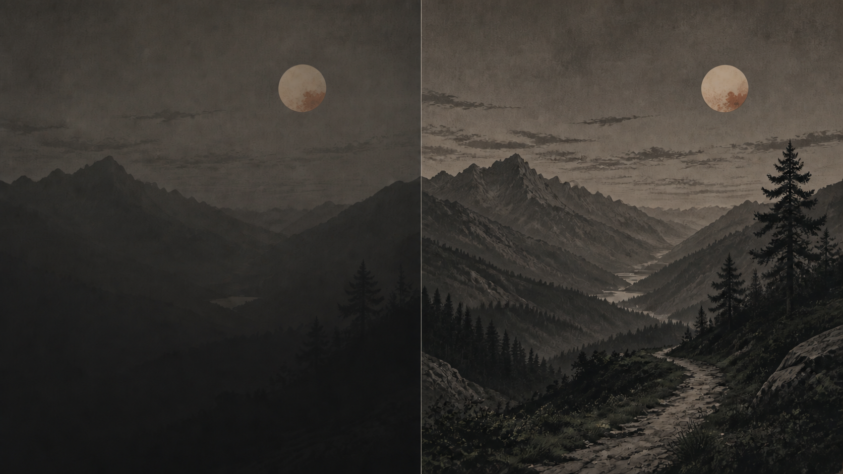 Illustrative before and after shadow-detail landscape